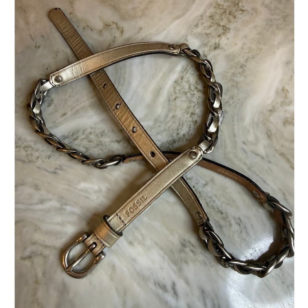 Fossil Skinny Leather Belt Silver Chain Detail M